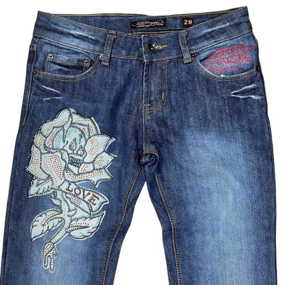Ed Hardy Skull Rose Sequin Slim Straight Jeans  28x33 Dark‎ Wash Cotton Denim
